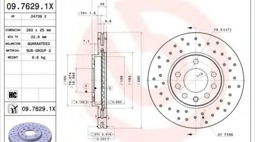 Disc frana OPEL MERIVA B (2010 - 2016) BREMBO 09.7629.1X piesa NOUA