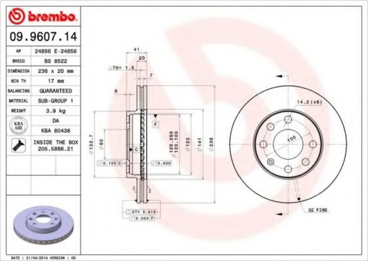 Disc frana OPEL TIGRA (95) (1994 - 2000) BREMBO 09.9607.14 piesa NOUA