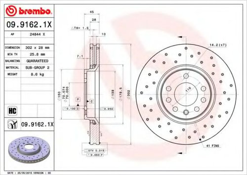 Disc frana OPEL VECTRA C GTS (2002 - 2016) BREMBO 09.9162.1X piesa NOUA