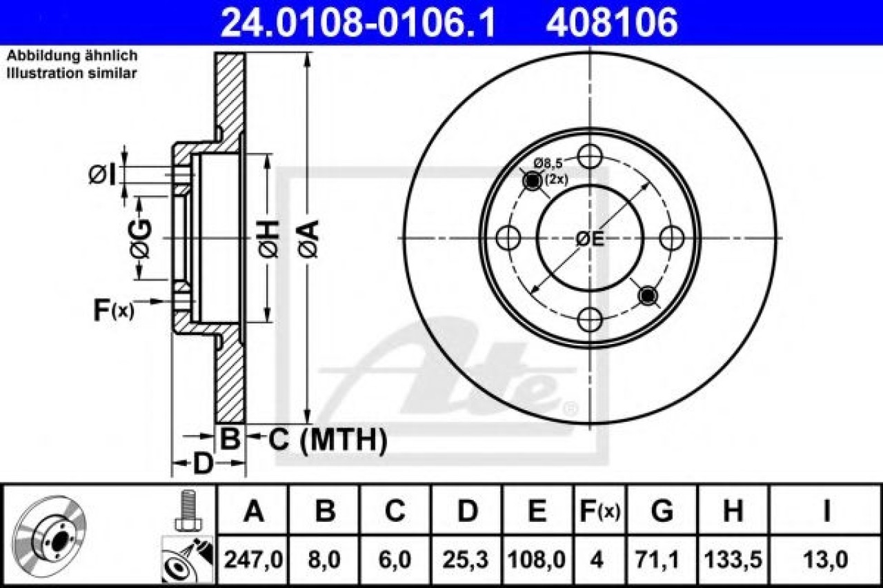 Disc frana PEUGEOT 206 CC (2D) (2000 - 2016) ATE 24.0108-0106.1 piesa NOUA