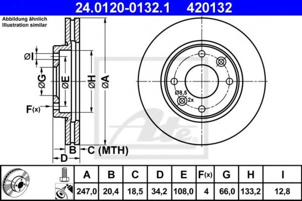 Disc frana PEUGEOT 206 Hatchback (2A/C) (1998 - 2016) ATE 24.0120-0132.1 piesa NOUA