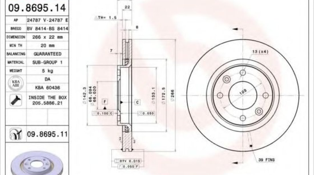 Disc frana PEUGEOT 207 SW (WK) (2007 - 2016) BREMBO 09.8695.11 piesa NOUA