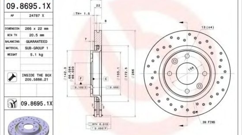 Disc frana PEUGEOT 207 (WA, WC) (2006 - 2016) BREMBO 09.8695.1X piesa NOUA