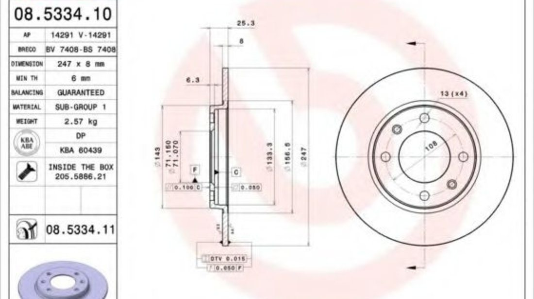 Disc frana PEUGEOT 306 (7B, N3, N5) (1993 - 2003) BREMBO 08.5334.11 piesa NOUA