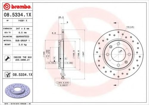 Disc frana PEUGEOT 306 (7B, N3, N5) (1993 - 2003) BREMBO 08.5334.1X piesa NOUA