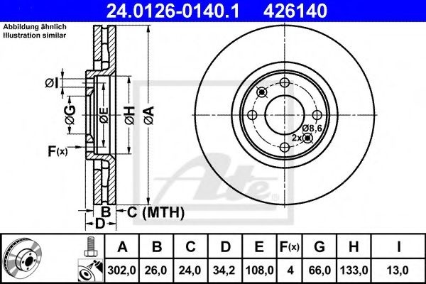 Disc frana PEUGEOT 307 CC (3B) (2003 - 2016) ATE 24.0126-0140.1 piesa NOUA