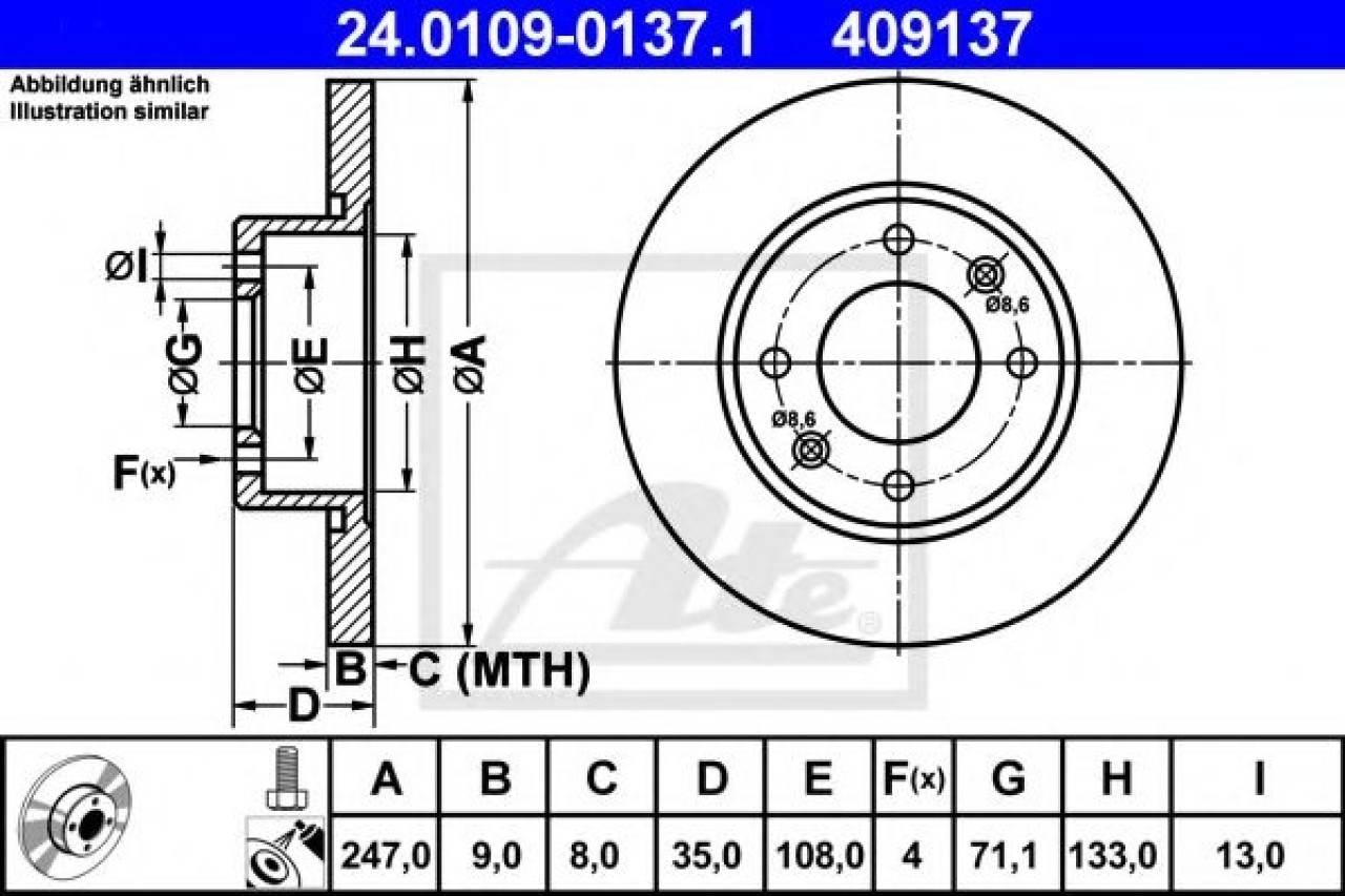 Disc frana PEUGEOT 307 Estate (3E) (2002 - 2016) ATE 24.0109-0137.1 piesa NOUA