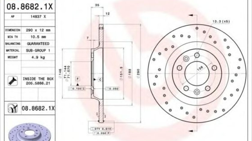 Disc frana PEUGEOT 407 (6D) (2004 - 2016) BREMBO 08.8682.1X piesa NOUA