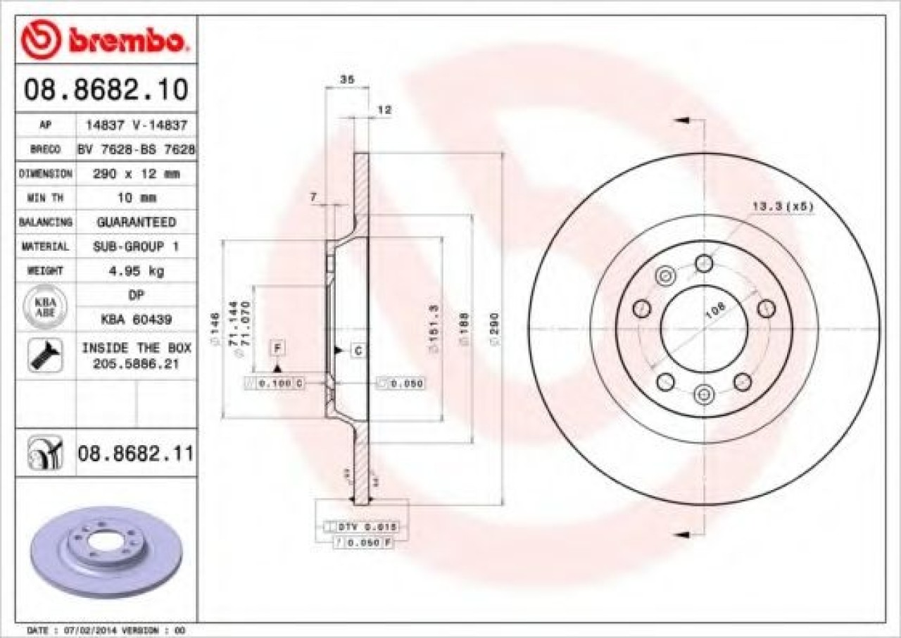 Disc frana PEUGEOT 407 SW (6E) (2004 - 2016) BREMBO 08.8682.11 piesa NOUA