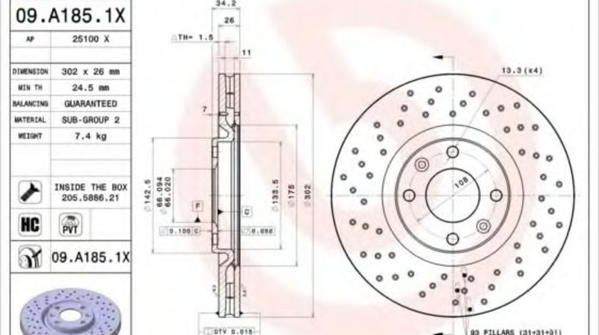 Disc frana PEUGEOT 5008 (2009 - 2016) BREMBO 09.A185.1X piesa NOUA