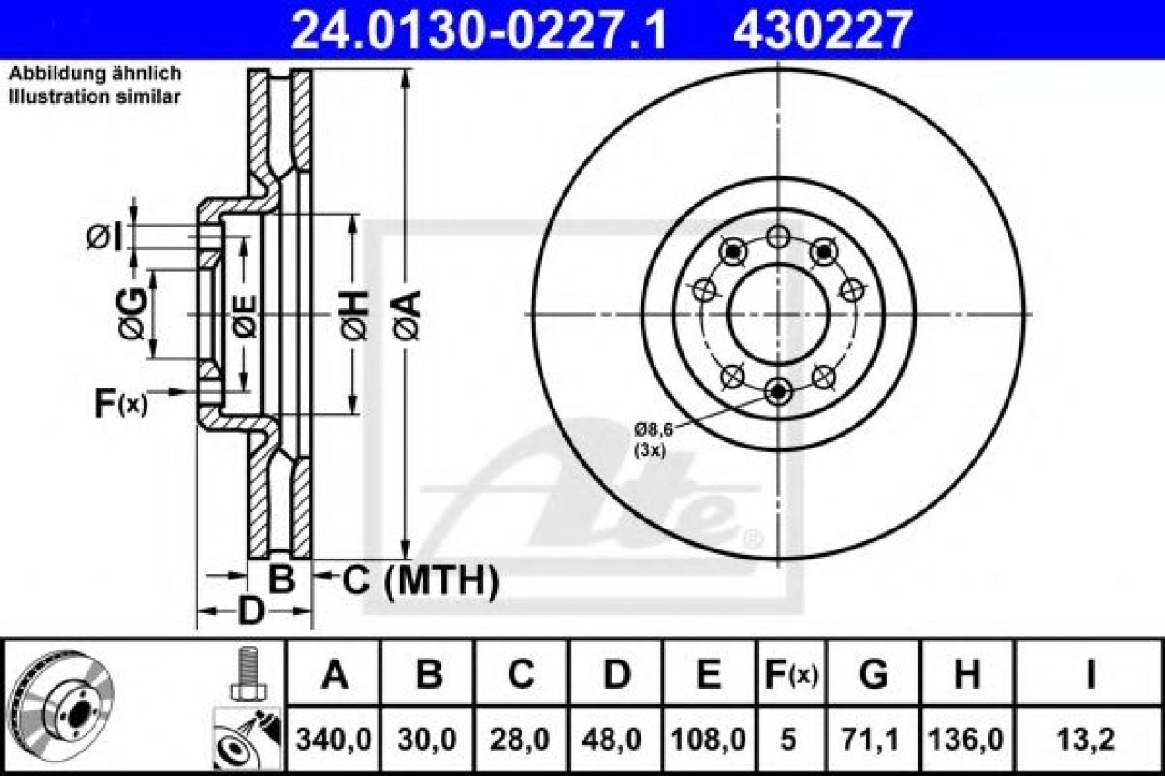 Disc frana PEUGEOT 508 (2010 - 2016) ATE 24.0130-0227.1 piesa NOUA