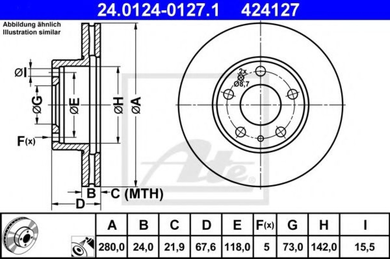 Disc frana PEUGEOT BOXER bus (244, Z) (2001 - 2016) ATE 24.0124-0127.1 piesa NOUA