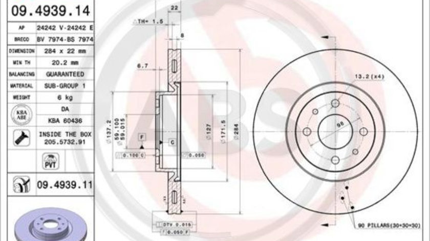 Disc frana punte fata (09493911 ABS) ABARTH,Citroen,FIAT,LANCIA,PEUGEOT