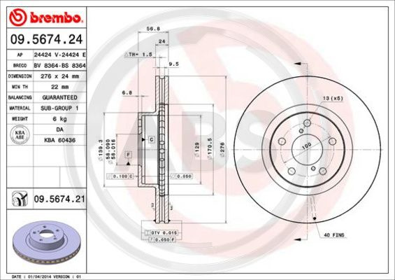 Disc frana punte fata (09567421 ABS) SUBARU,TOYOTA