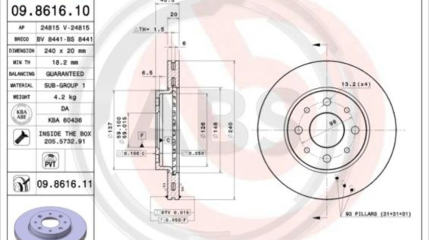 Disc frana punte fata (09861611 ABS) FIAT,FORD