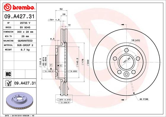 Disc frana punte fata (09A42731 BREMBO) VOLVO