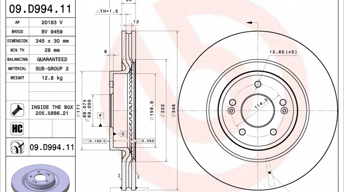 Disc frana punte fata (09D99411 BREMBO) GENESIS,KIA