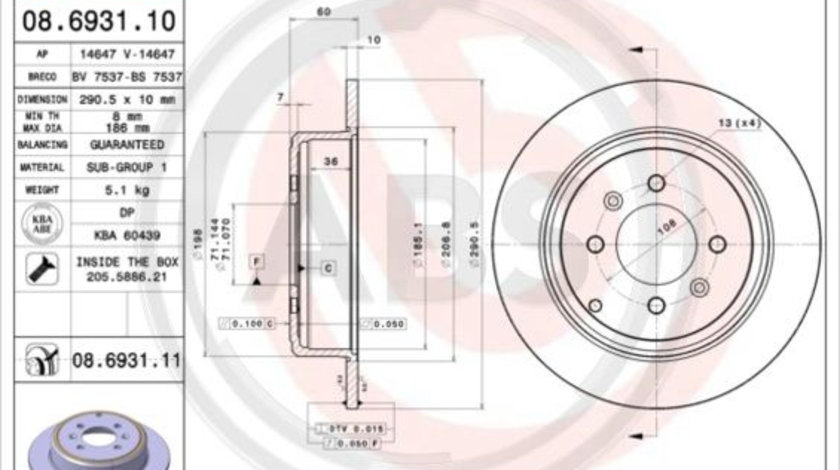 Disc frana puntea spate (08693111 ABS) PEUGEOT