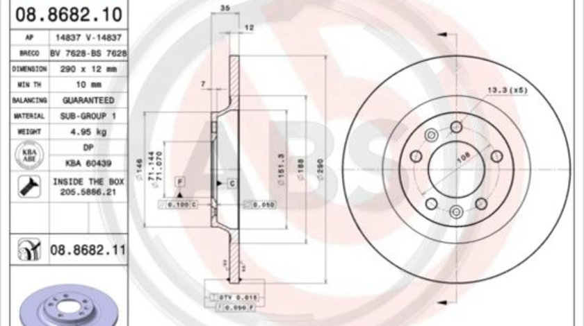 Disc frana puntea spate (08868211 ABS) Citroen,PEUGEOT