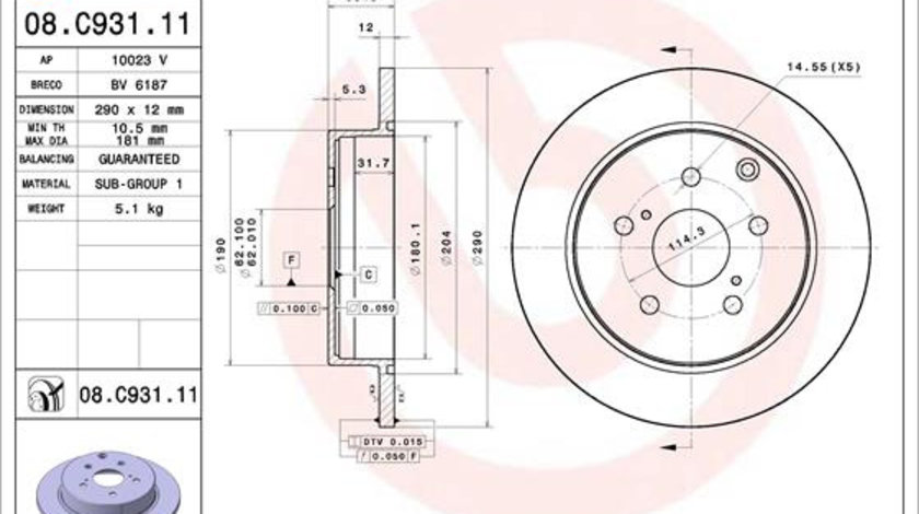 Disc frana puntea spate (08C93111 BREMBO) TOYOTA,TOYOTA (GAC)