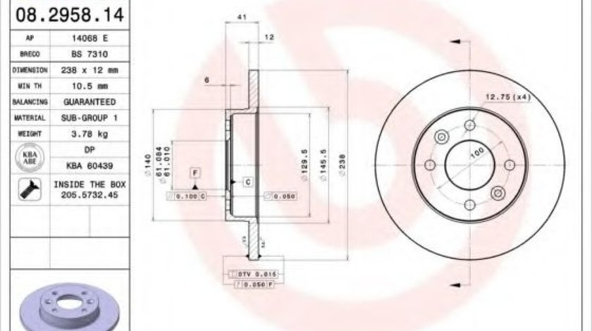 Disc frana RENAULT CLIO I (B/C57, 5/357) (1990 - 1998) BREMBO 08.2958.14 piesa NOUA