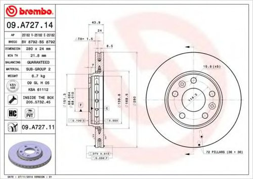 Disc frana RENAULT FLUENCE (L30) (2010 - 2016) BREMBO 09.A727.14 piesa NOUA