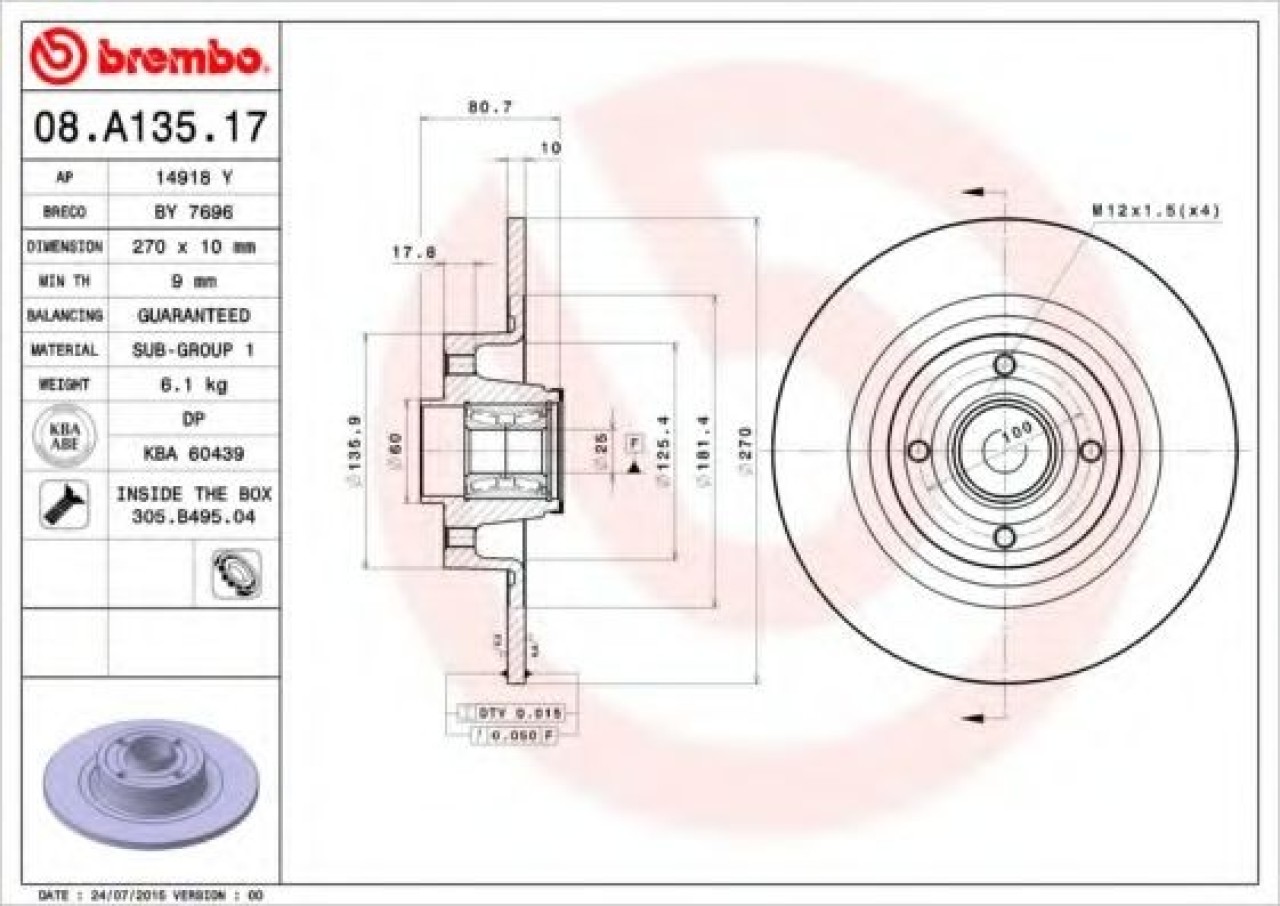 Disc frana RENAULT GRAND SCENIC II (JM0/1) (2004 - 2016) BREMBO 08.A135.17 piesa NOUA