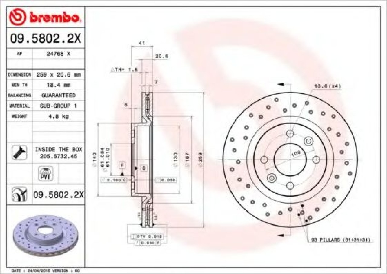 Disc frana RENAULT KANGOO Express (FC0/1) (1997 - 2007) BREMBO 09.5802.2X piesa NOUA