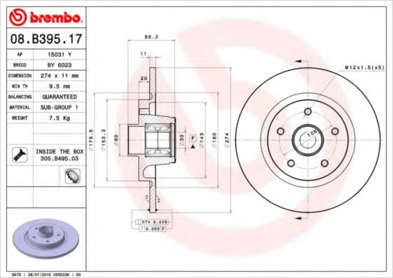 Disc frana RENAULT KANGOO Express (FW0/1) (2008 - 2016) BREMBO 08.B395.17 piesa NOUA