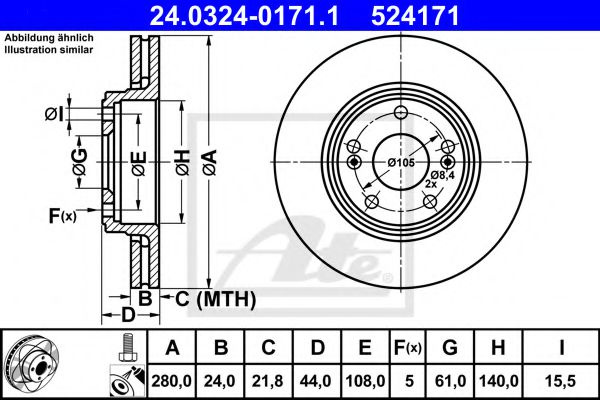 Disc frana RENAULT LAGUNA I (B56, 556) (1993 - 2001) ATE 24.0324-0171.1 piesa NOUA