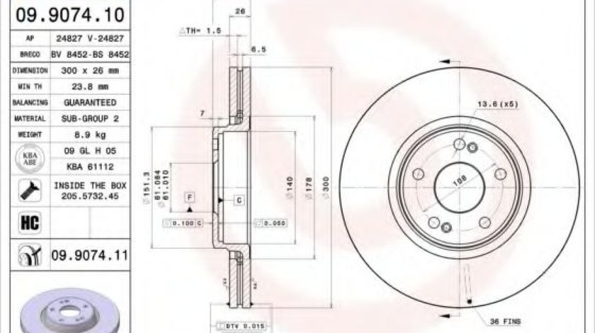 Disc frana RENAULT LAGUNA II (BG0/1) (2001 - 2016) BREMBO 09.9074.11 piesa NOUA