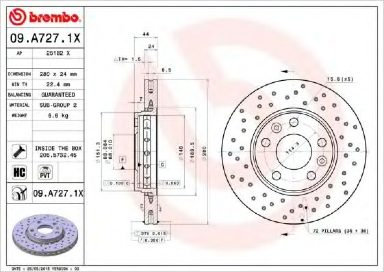 Disc frana RENAULT LAGUNA III (BT0/1) (2007 - 2016) BREMBO 09.A727.1X piesa NOUA