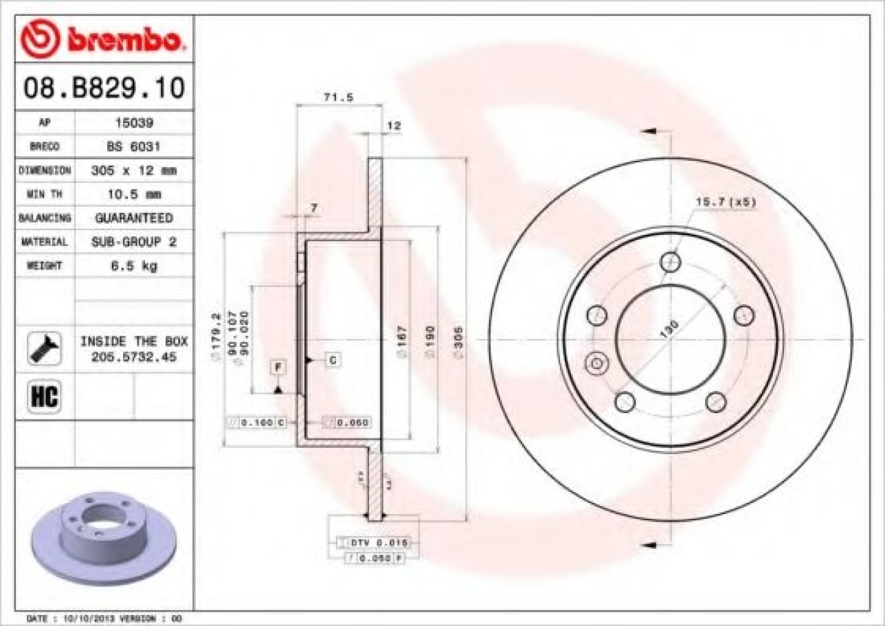 Disc frana RENAULT MASTER III bus (JV) (2011 - 2016) BREMBO 08.B829.10 piesa NOUA