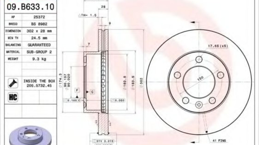 Disc frana RENAULT MASTER III caroserie (FV) (2010 - 2016) BREMBO 09.B633.10 piesa NOUA