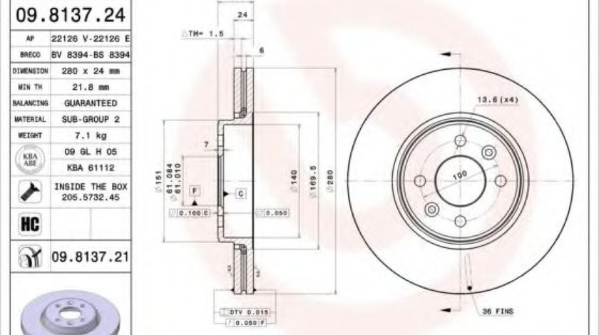 Disc frana RENAULT MEGANE II (BM0/1, CM0/1) (2002 - 2011) BREMBO 09.8137.21 piesa NOUA