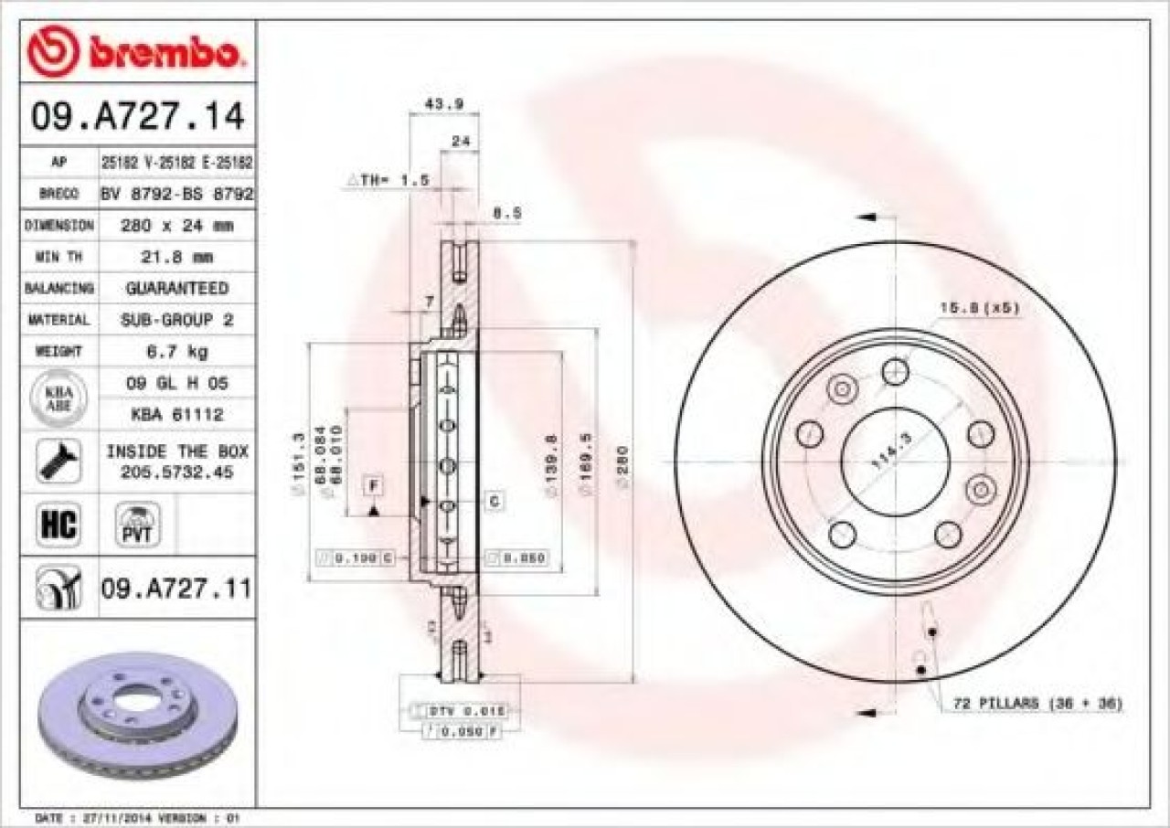 Disc frana RENAULT MEGANE III Hatchback (BZ0) (2008 - 2016) BREMBO 09.A727.11 piesa NOUA