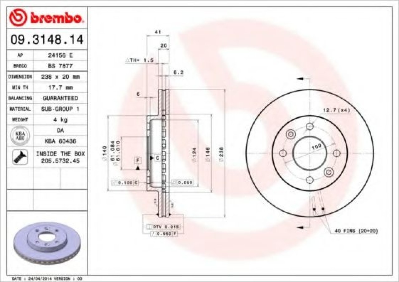 Disc frana RENAULT SYMBOL I (LB0/1/2) (1998 - 2008) BREMBO 09.3148.14 piesa NOUA