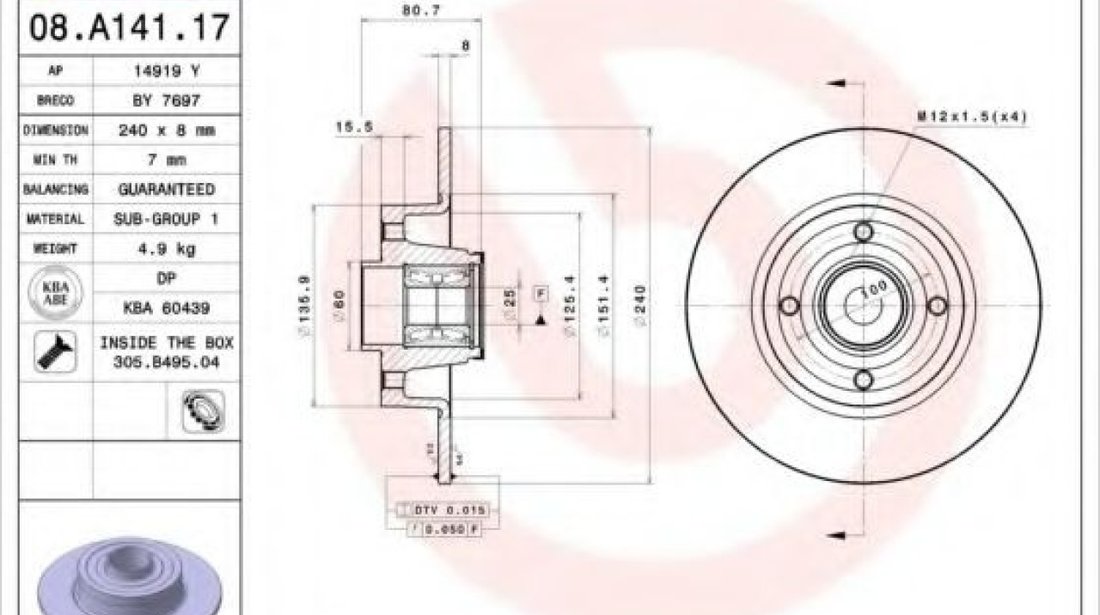 Disc frana RENAULT SYMBOL II (LU1/2) (2008 - 2013) BREMBO 08.A141.17 piesa NOUA