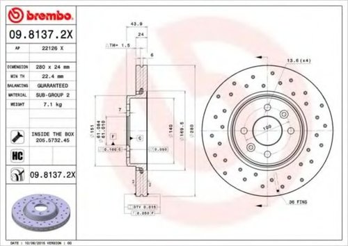 Disc frana RENAULT TWINGO II (CN0) (2007 - 2014) BREMBO 09.8137.2X piesa NOUA