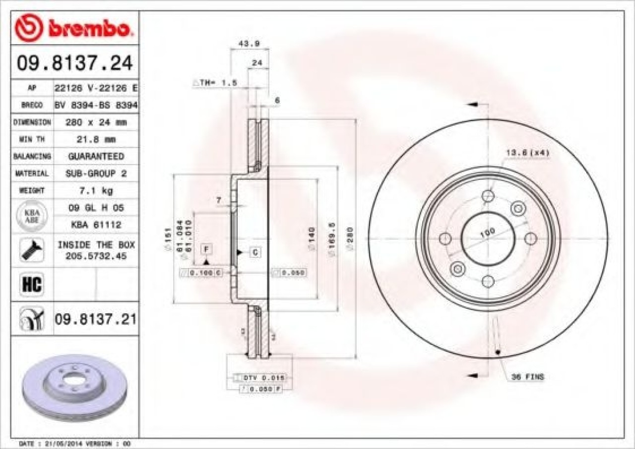 Disc frana RENAULT TWINGO II (CN0) (2007 - 2014) BREMBO 09.8137.21 piesa NOUA