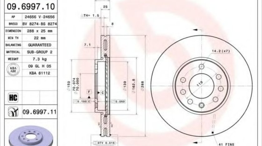 Disc frana SAAB 9-3 Cabriolet (YS3D) (1998 - 2003) BREMBO 09.6997.11 piesa NOUA