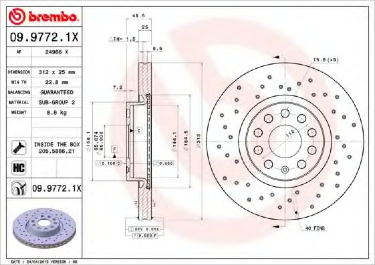 Disc frana SEAT ALTEA XL (5P5, 5P8) (2006 - 2016) BREMBO 09.9772.1X piesa NOUA