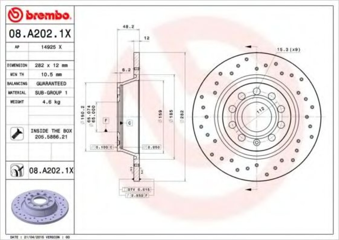 Disc frana SEAT ALTEA XL (5P5, 5P8) (2006 - 2016) BREMBO 08.A202.1X piesa NOUA