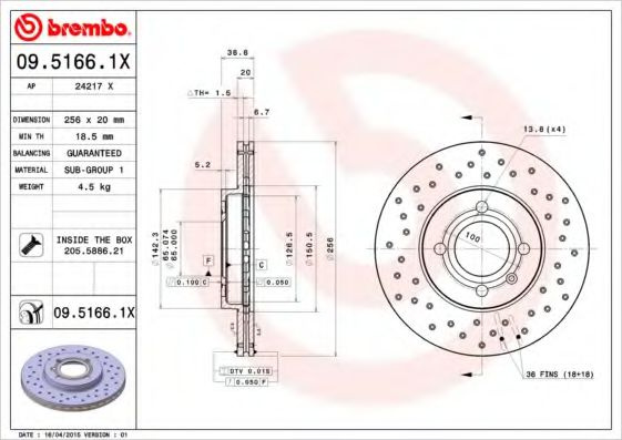 Disc frana SEAT AROSA (6H) (1997 - 2004) BREMBO 09.5166.1X piesa NOUA