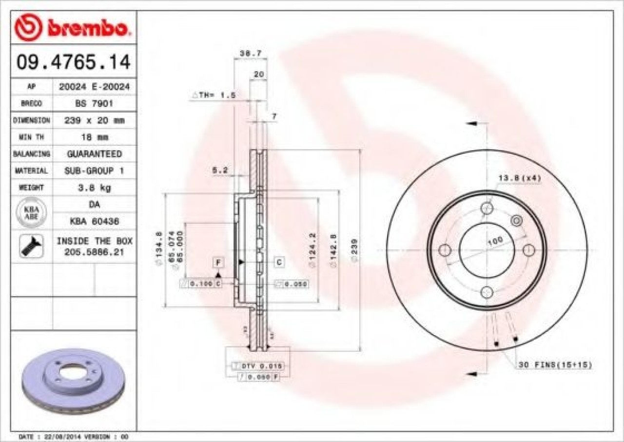 Disc frana SEAT CORDOBA (6K1, 6K2) (1993 - 1999) BREMBO 09.4765.14 piesa NOUA