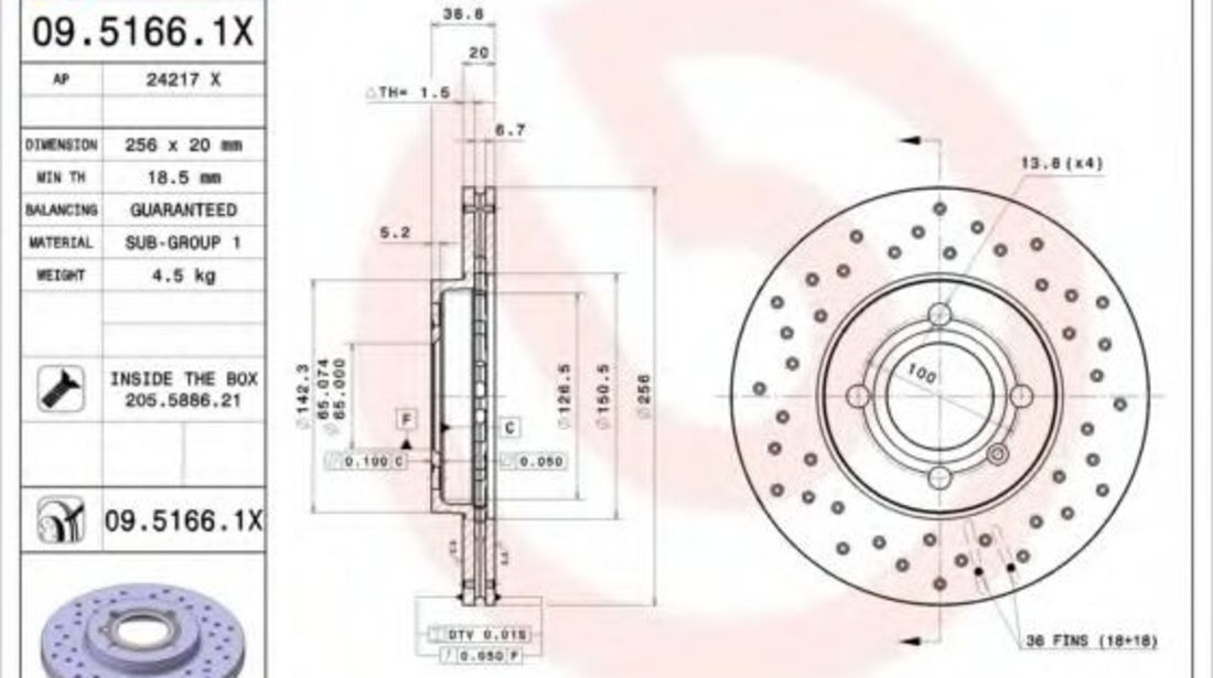 Disc frana SEAT CORDOBA Vario (6K5) (1999 - 2002) BREMBO 09.5166.1X piesa NOUA