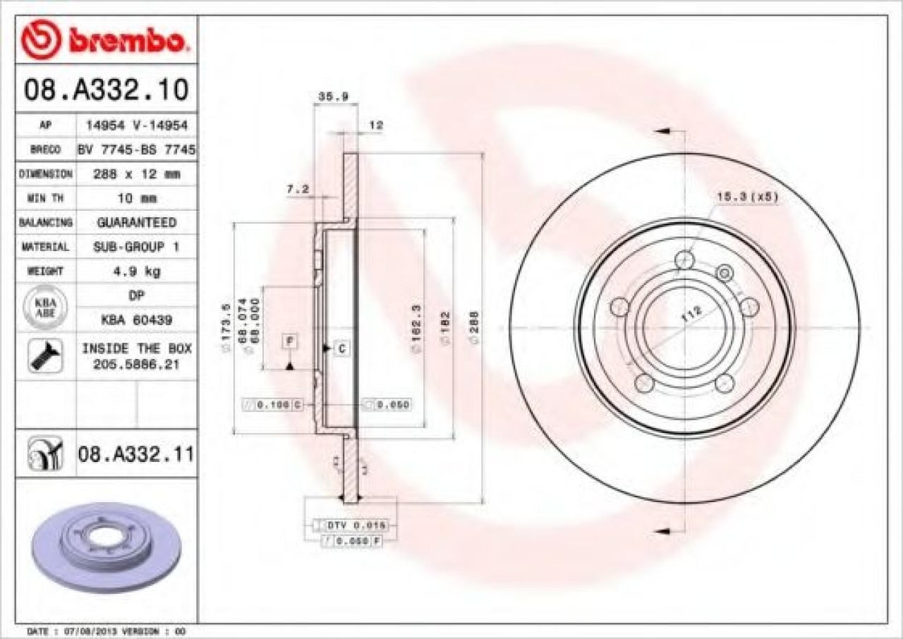 Disc frana SEAT EXEO ST (3R5) (2009 - 2016) BREMBO 08.A332.11 piesa NOUA