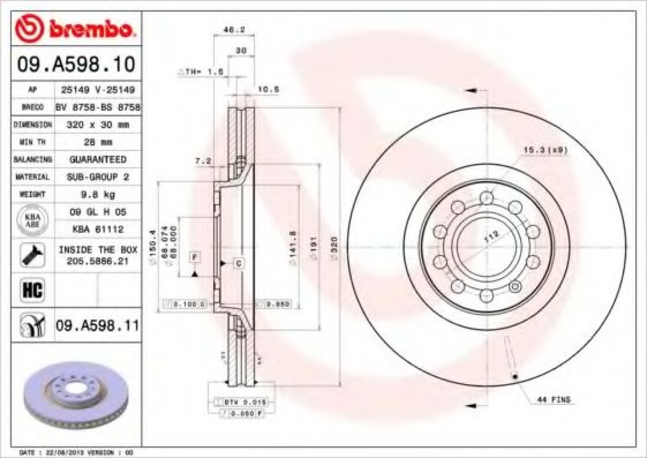 Disc frana SEAT EXEO ST (3R5) (2009 - 2016) BREMBO 09.A598.11 piesa NOUA