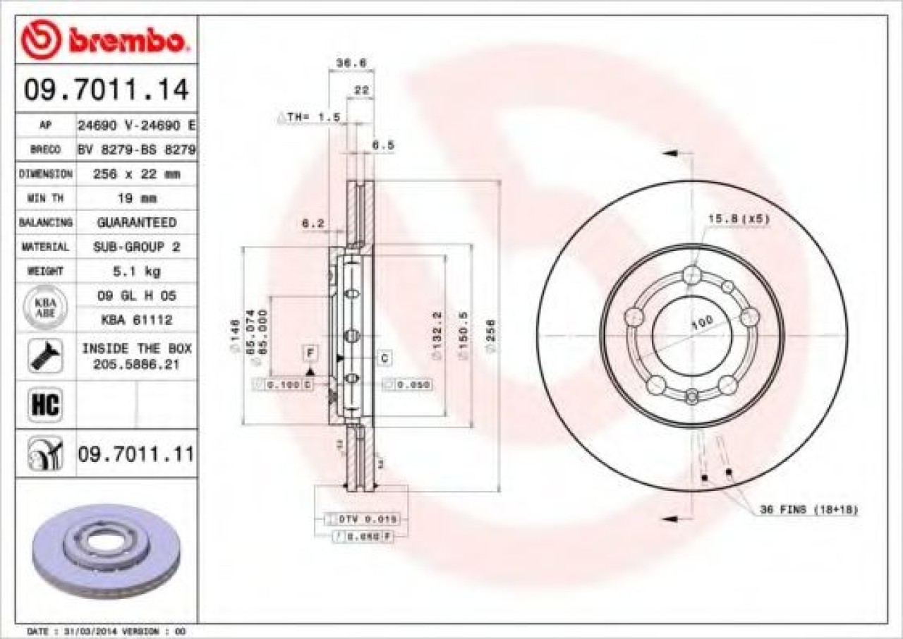 Disc frana SEAT IBIZA IV (6L1) (2002 - 2009) BREMBO 09.7011.11 piesa NOUA