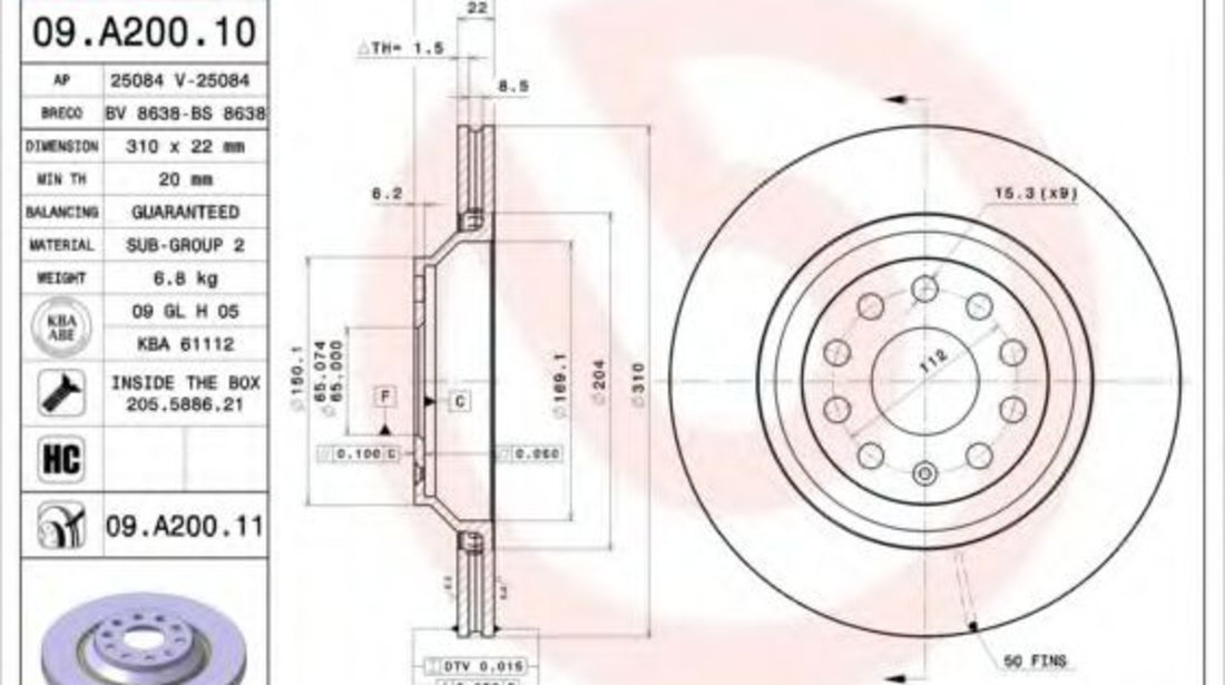 Disc frana SEAT LEON (5F1) (2012 - 2016) BREMBO 09.A200.11 piesa NOUA